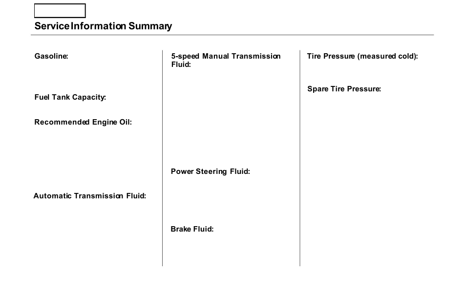 Service information summary | HONDA 2000 Prelude - Owner's Manual User Manual | Page 293 / 293