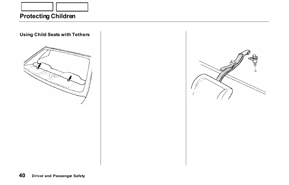 Tethers, Protecting children | HONDA 2000 Prelude - Owner's Manual User Manual | Page 43 / 293