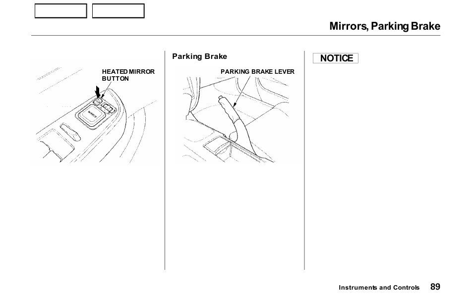 Mirrors, parking brake, Notice | HONDA 2000 Prelude - Owner's Manual User Manual | Page 92 / 293