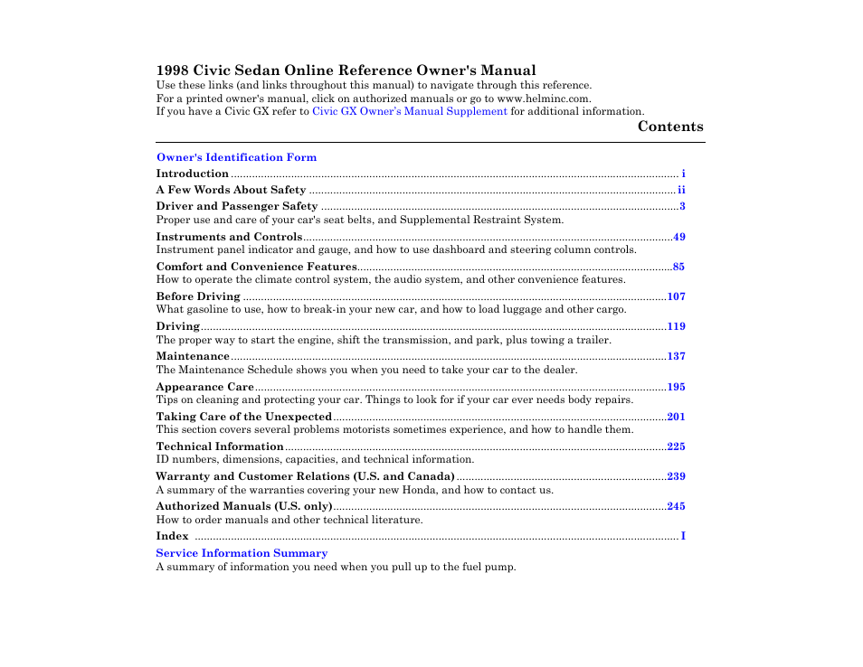 HONDA 1998 Civic Sedan - Owner's Manual User Manual | 1 page