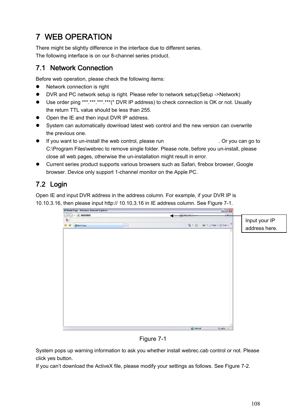 7 web operation, 1 network connection, 2 login | IC Realtime Max Series: 4/8/16 Channel D1 1.5U Standalone DVR User Manual | Page 118 / 197
