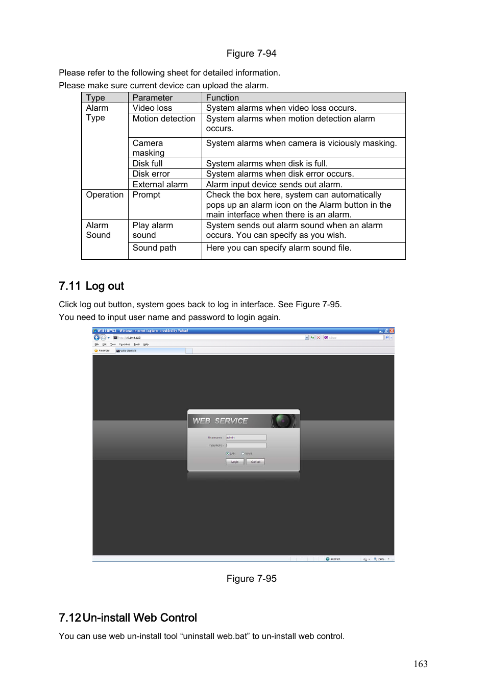 11 log out, 12 un-install web control | IC Realtime Max Series: 4/8/16 Channel D1 1.5U Standalone DVR User Manual | Page 173 / 197