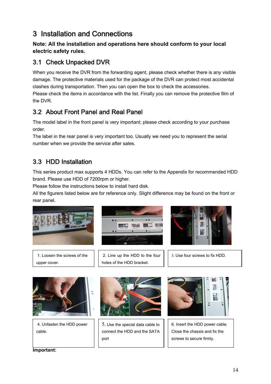 3 installation and connections, 1 check unpacked dvr, 2 about front panel and real panel | 3 hdd installation | IC Realtime Max Series: 4/8/16 Channel D1 1.5U Standalone DVR User Manual | Page 24 / 197