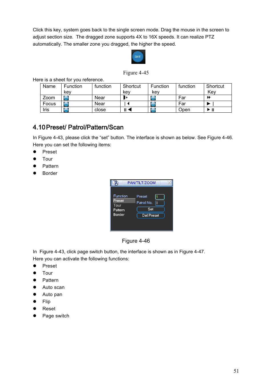 10 preset/ patrol/pattern/scan | IC Realtime Max Series: 4/8/16 Channel D1 1.5U Standalone DVR User Manual | Page 61 / 197