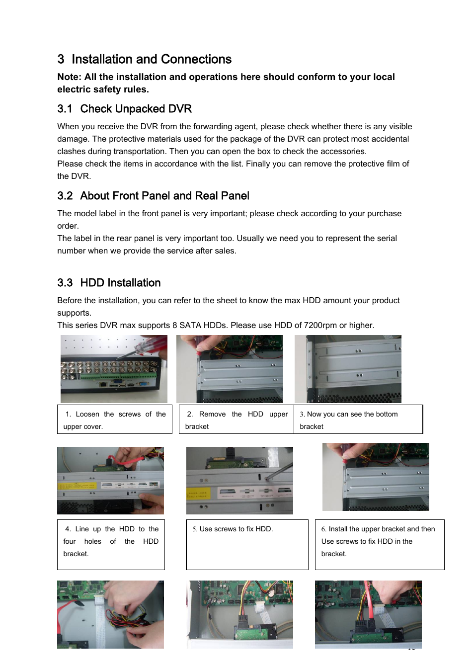 3 installation and connections, 1 check unpacked dvr, 2 about front panel and real panel | 3 hdd installation | IC Realtime Flex Series: 8-CH High Performance H.264E 2U DVR with DVD-RW User Manual | Page 25 / 195