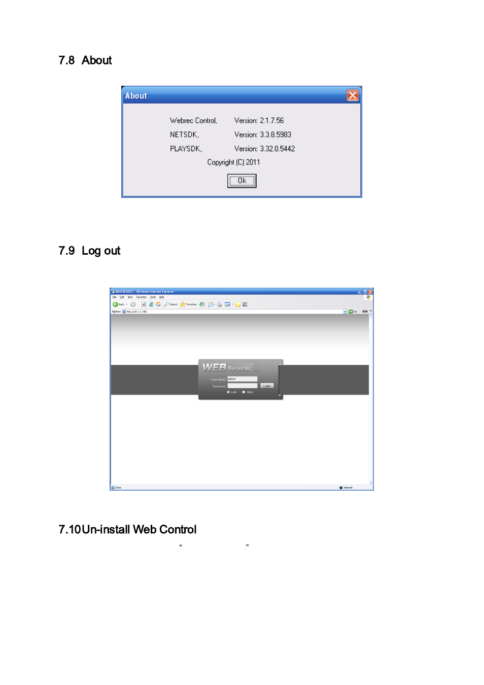 About, Log out, Un-install web control | 8 about, 9 log out, 10 un-install web control | IC Realtime Flex Series: 32-CH High Performance H.264E 2U DVR User Manual | Page 159 / 180