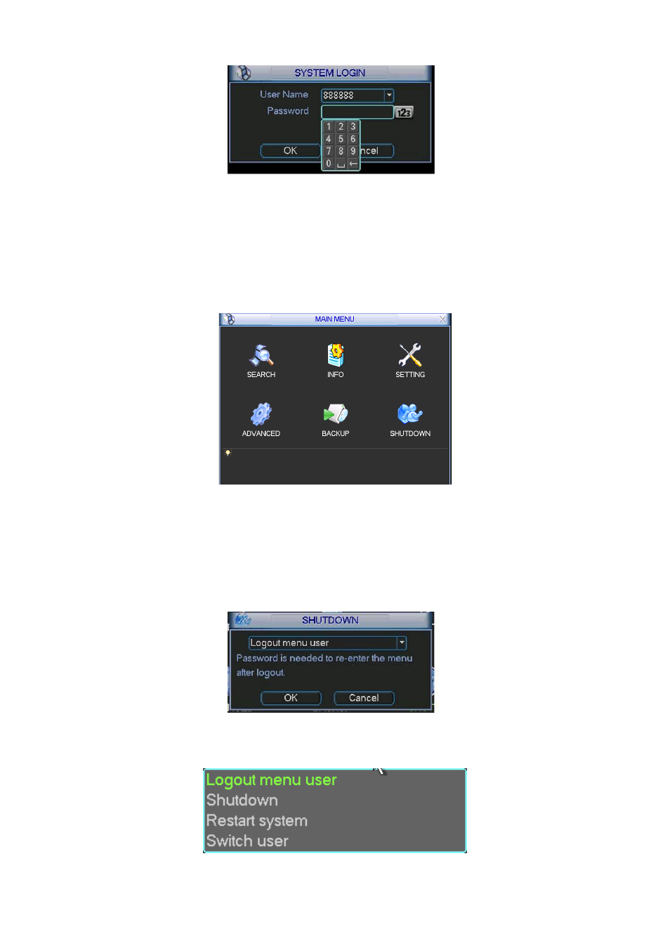 Main menu, Logout | IC Realtime Flex Series: 32-CH High Performance H.264E 2U DVR User Manual | Page 38 / 180