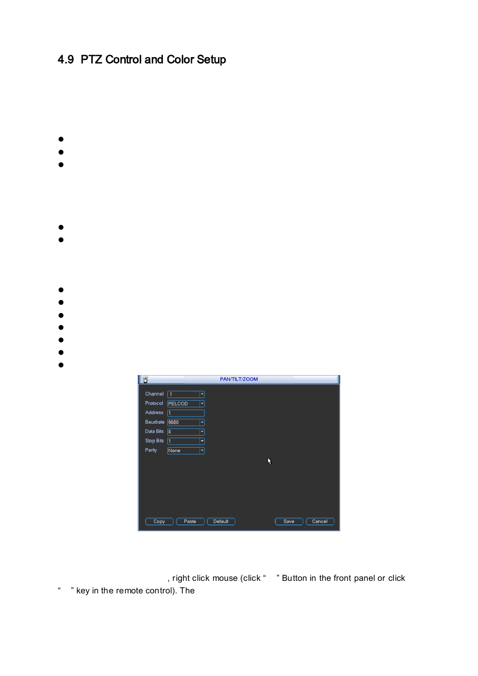 Ptz control and color setup, 1 cable connection, 2 p tz setup | 9 ptz control and color setup | IC Realtime Flex Series: 32-CH High Performance H.264E 2U DVR User Manual | Page 61 / 180