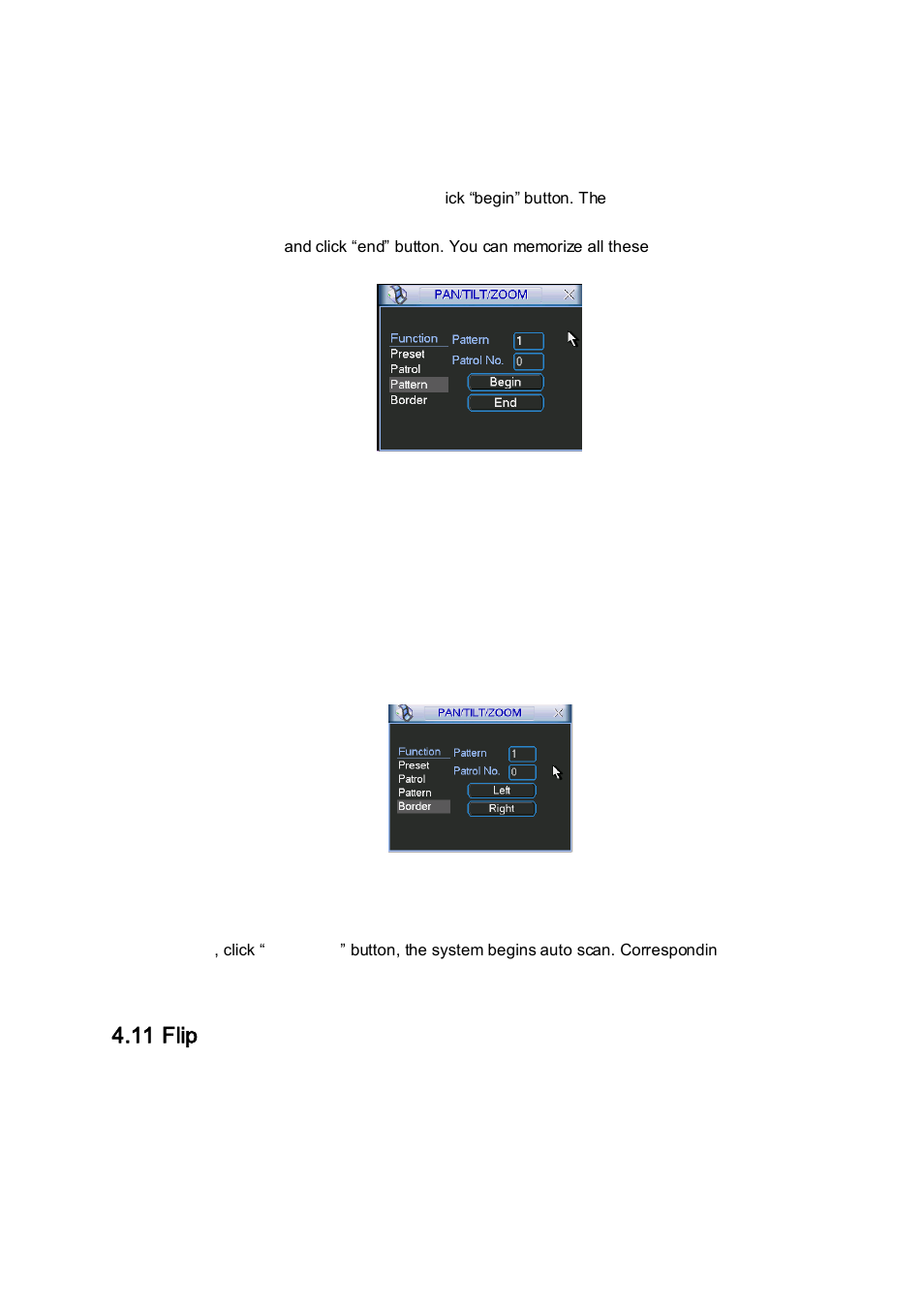 4 activate patrol (tour), 5 pattern set up, 6 activate pattern function | 7 auto scan setup, 8 activate auto scan, Flip, 11 flip, 5 pattern setup, Figure 4-43. please go to, Figure 4-43 | IC Realtime Flex Series: 32-CH High Performance H.264E 2U DVR User Manual | Page 65 / 180