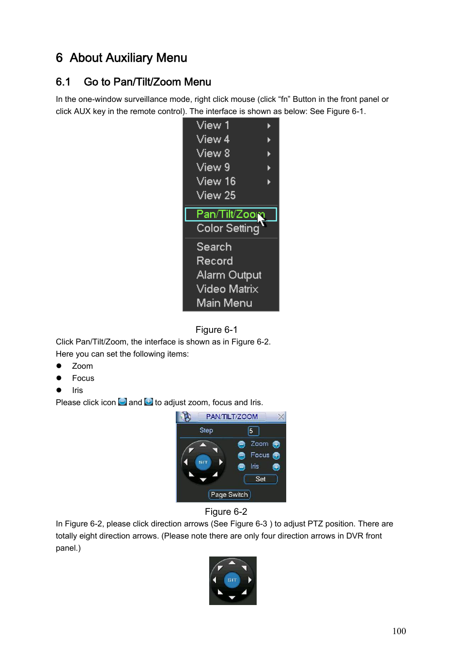 6 about auxiliary menu, 1 go to pan/tilt/zoom menu | IC Realtime Flex Series: 64 Channel 2CIF 3U Standalone DVR User Manual | Page 110 / 185