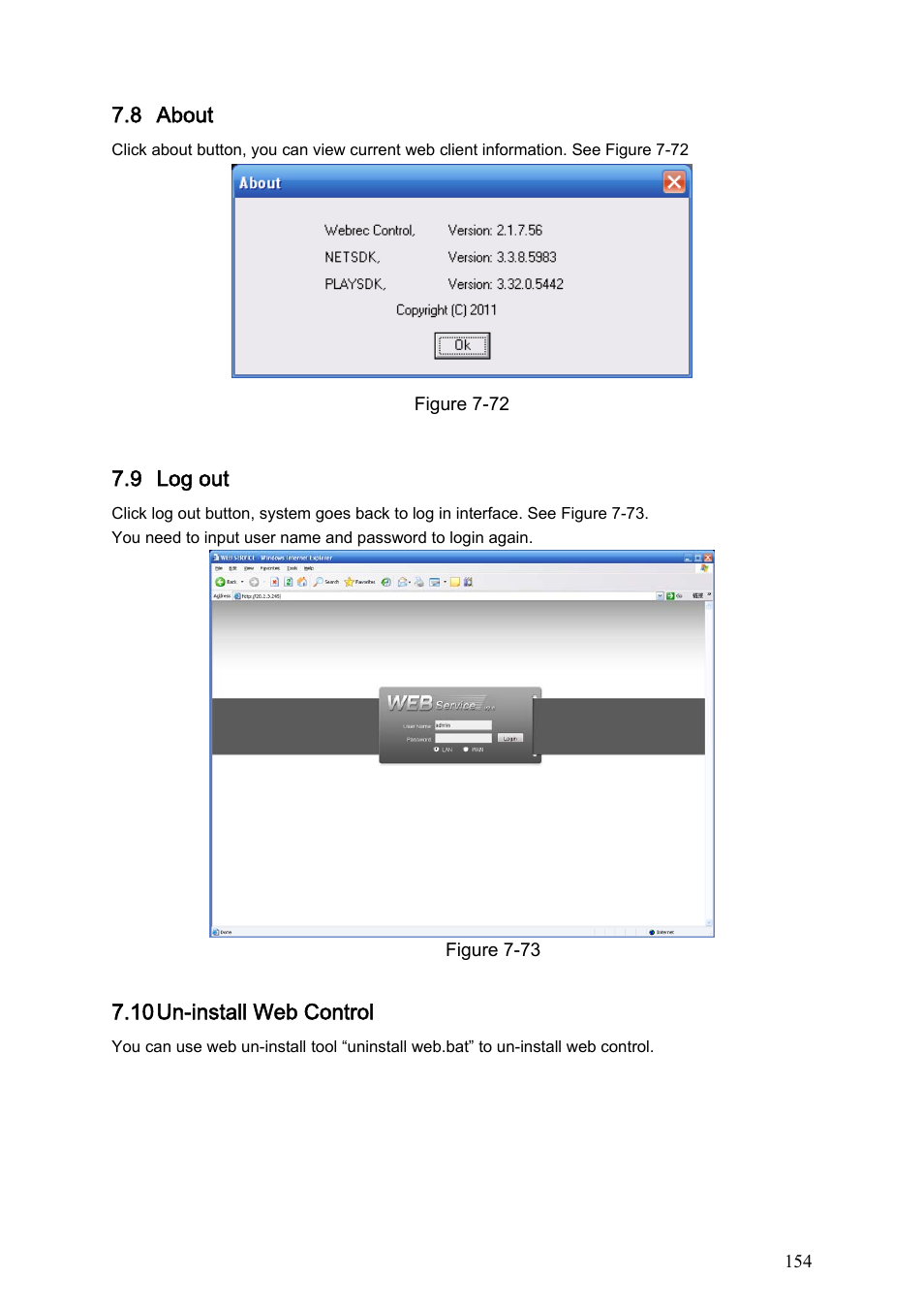8 about, 9 log out, 10 un-install web control | IC Realtime Flex Series: 64 Channel 2CIF 3U Standalone DVR User Manual | Page 164 / 185