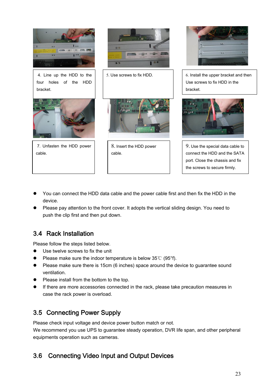 4 rack installation, 5 connecting power supply, 6 connecting video input and output devices | IC Realtime Flex Series: 64 Channel 2CIF 3U Standalone DVR User Manual | Page 33 / 185