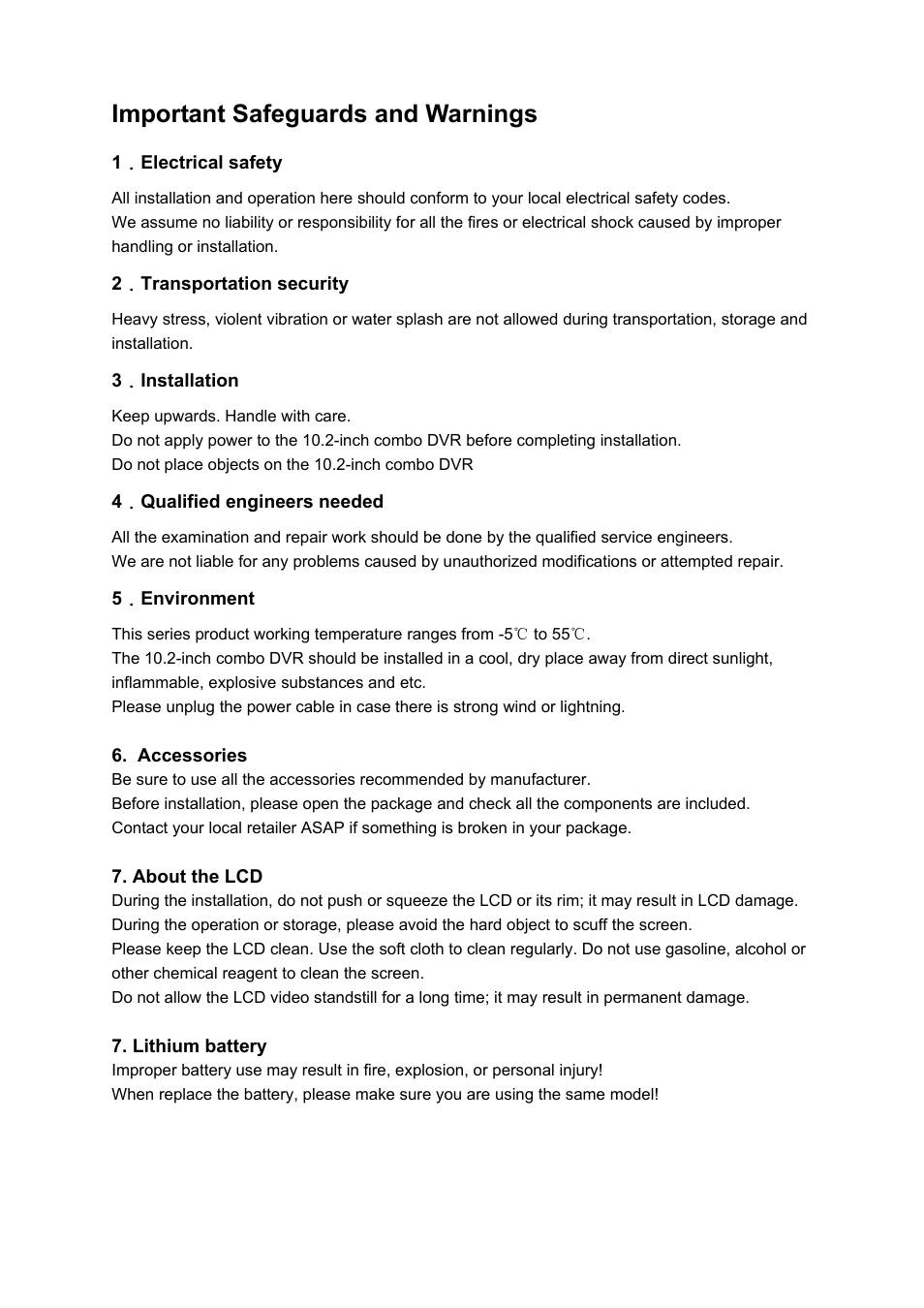 Important safeguards and warnings | IC Realtime Combo Series: 8 Channel DVR with built-in 10 LCD monitor User Manual | Page 9 / 153