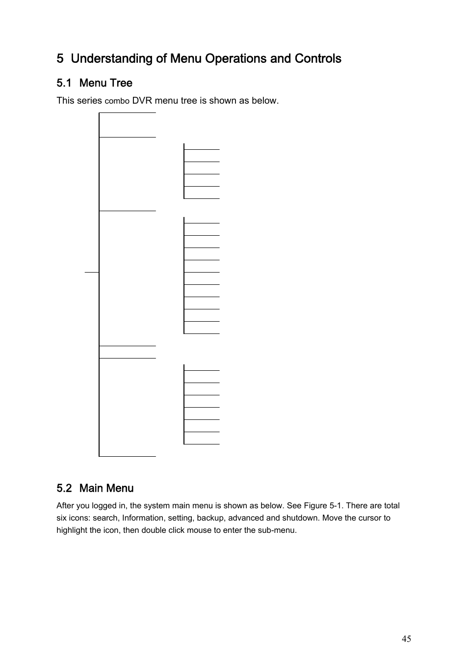 5 understanding of menu operations and controls, 1 menu tree, 2 main menu | IC Realtime Combo Series: 8 Channel DVR with built-in 19 LCD monitor User Manual | Page 54 / 141