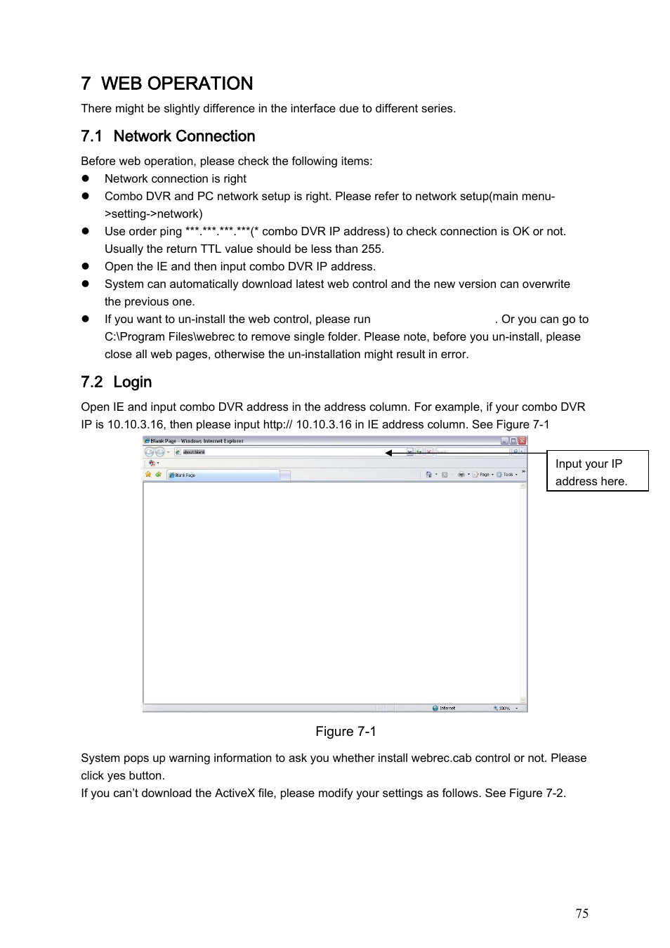 7 web operation, 1 network connection, 2 login | IC Realtime Combo Series: 8 Channel DVR with built-in 19 LCD monitor User Manual | Page 84 / 141