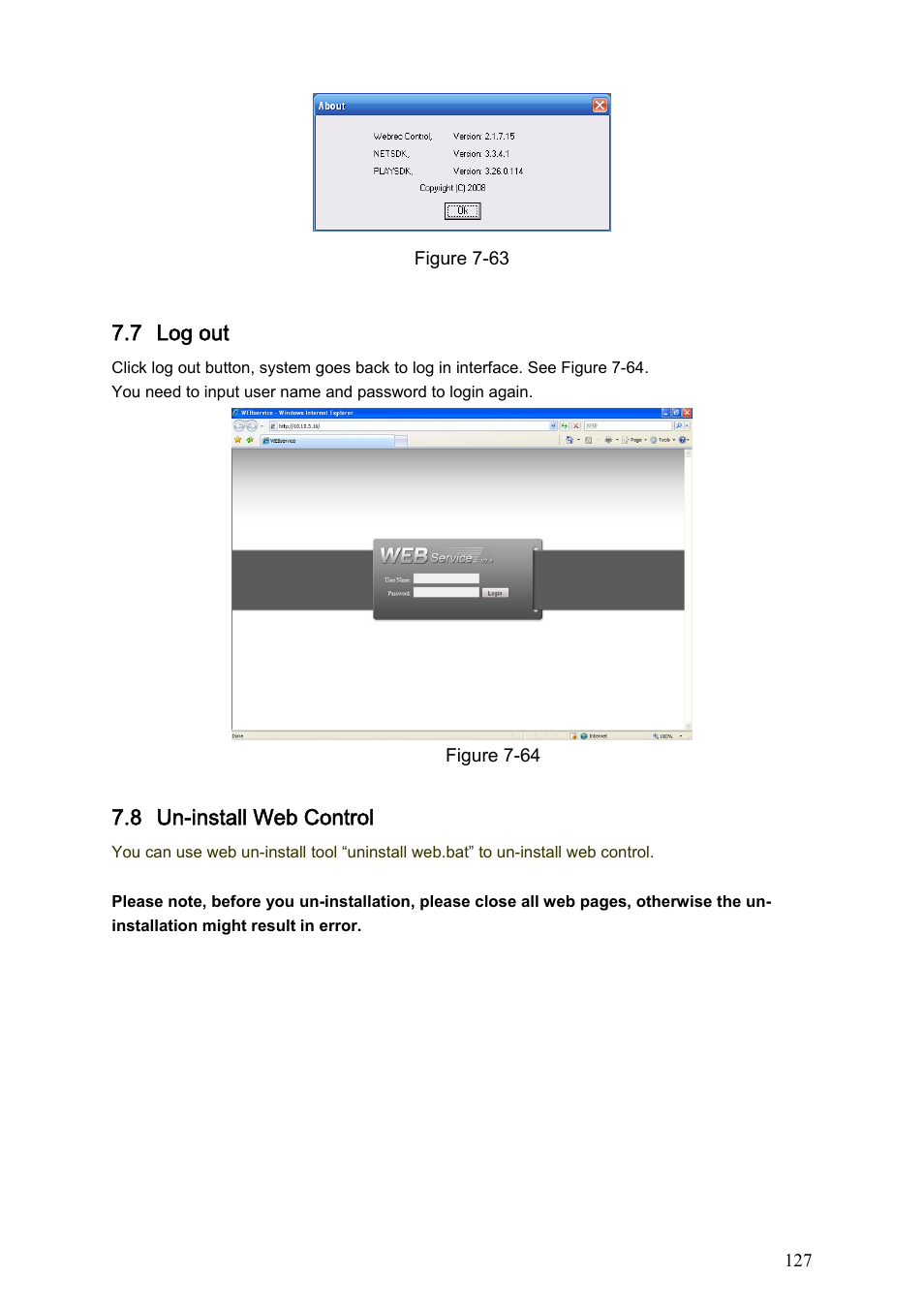 7 log out, 8 un-install web control | IC Realtime Specialty: 4-CH Mobile DVR User Manual | Page 127 / 137