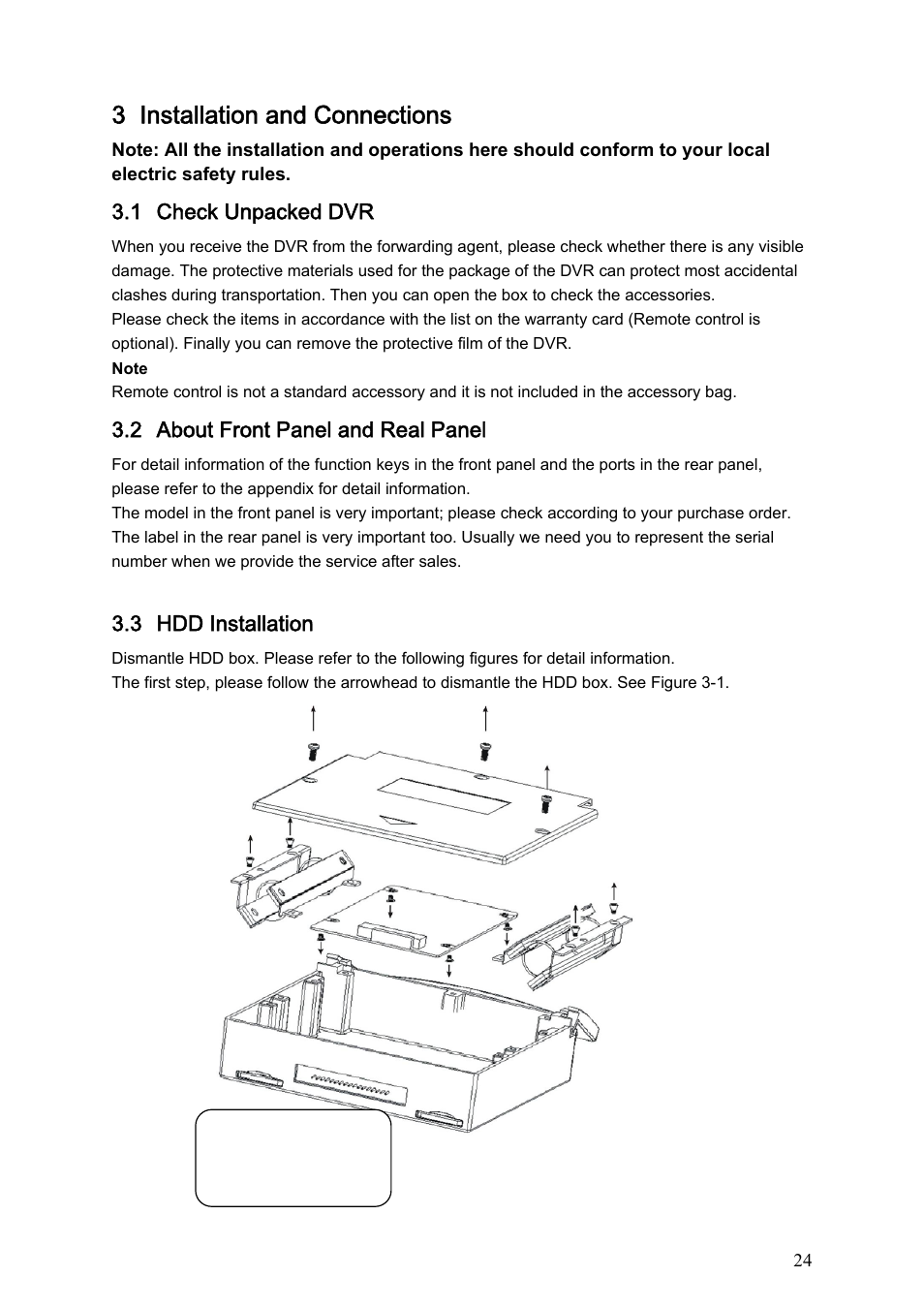 3 installation and connections, 1 check unpacked dvr, 2 about front panel and real panel | 3 hdd installation | IC Realtime Specialty: 4-CH Mobile DVR User Manual | Page 24 / 137