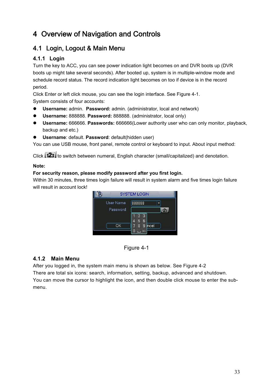4 overview of navigation and controls, 1 login, logout & main menu | IC Realtime Specialty: 4-CH Mobile DVR User Manual | Page 33 / 137