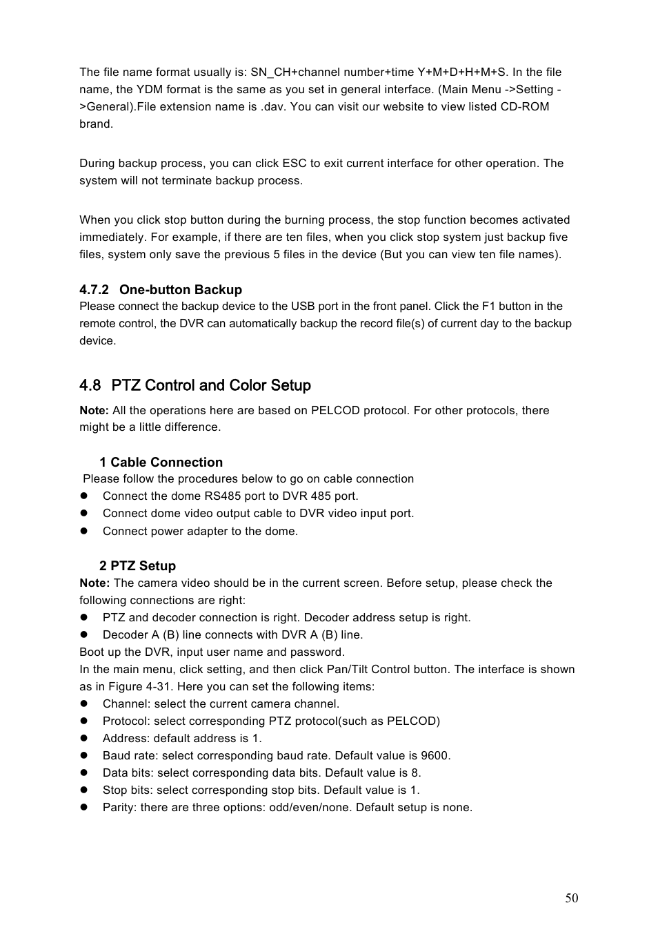 8 ptz control and color setup | IC Realtime Specialty: 4-CH Mobile DVR User Manual | Page 50 / 137
