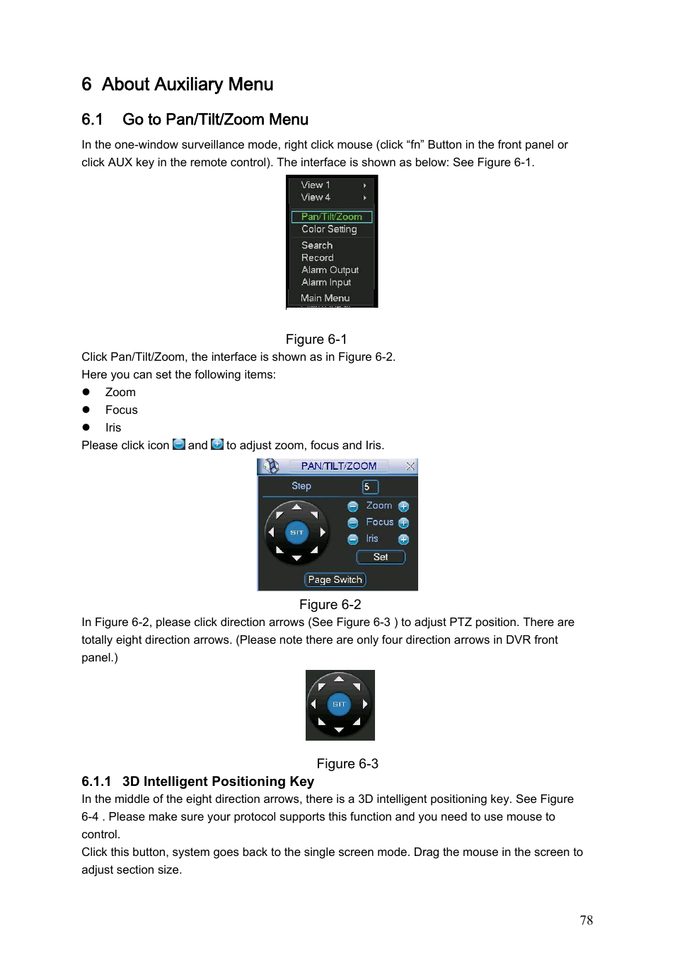 6 about auxiliary menu, 1 go to pan/tilt/zoom menu | IC Realtime Specialty: 4-CH Mobile DVR User Manual | Page 78 / 137