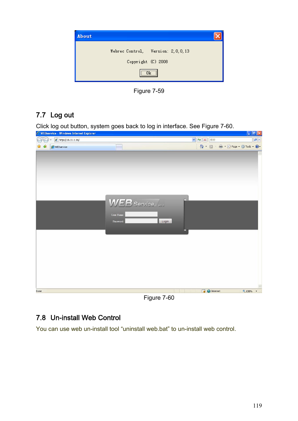 7 log out, 8 un-install web control, Log out | Un-install web control | IC Realtime Specialty: 4-CH H.264E CUBE REAL-TIME DVR with BUILT-IN 5.6 LCD User Manual | Page 119 / 134