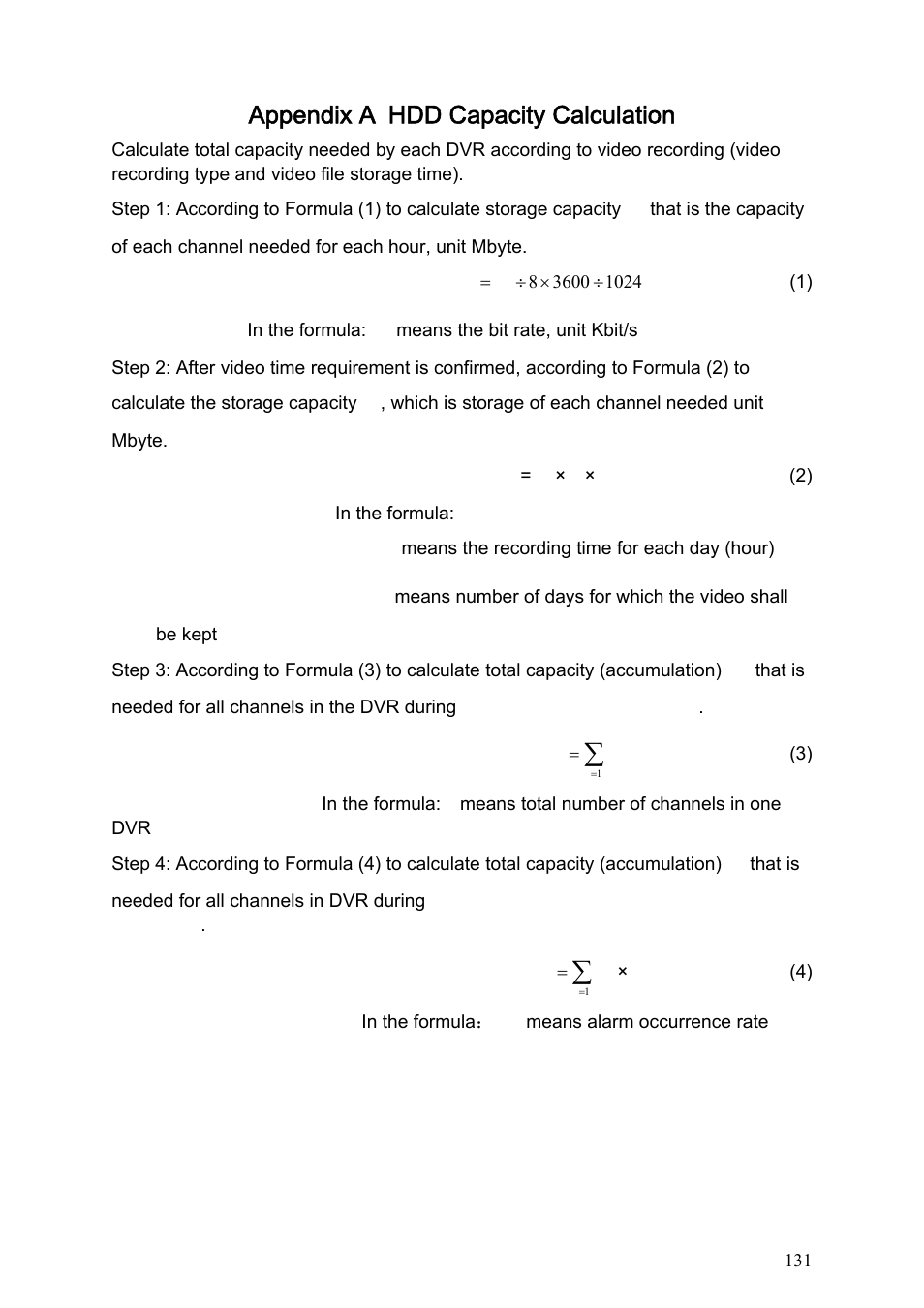 Appendix a hdd capacity calculation, Appendix a, Hdd capacity calculation | IC Realtime Specialty: 4-CH H.264E CUBE REAL-TIME DVR with BUILT-IN 5.6 LCD User Manual | Page 131 / 134