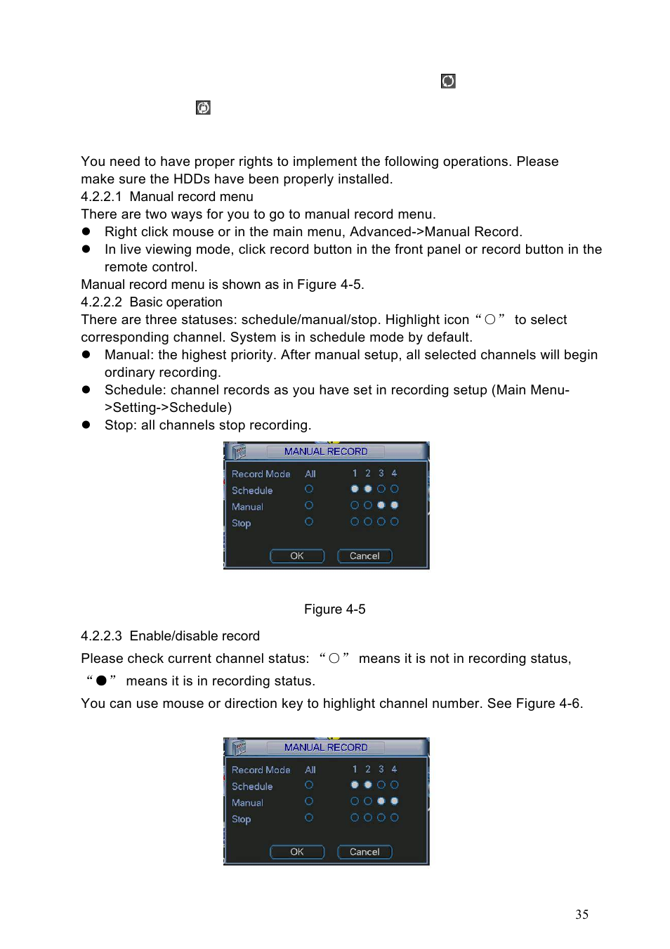 2 manual record, 1 manual record menu, 2 basic operation | 3 enable/disable record, Manual record | IC Realtime Specialty: 4-CH H.264E CUBE REAL-TIME DVR with BUILT-IN 5.6 LCD User Manual | Page 35 / 134