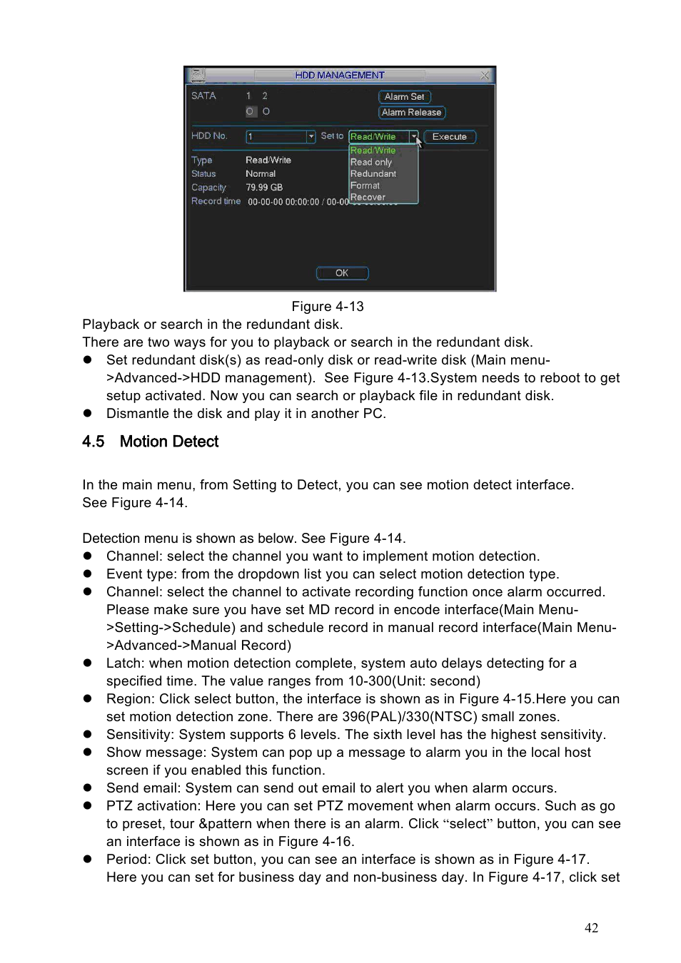 5 motion detect, 1 go to motion detect menu, 2 motion detect | Motion detect | IC Realtime Specialty: 4-CH H.264E CUBE REAL-TIME DVR with BUILT-IN 5.6 LCD User Manual | Page 42 / 134