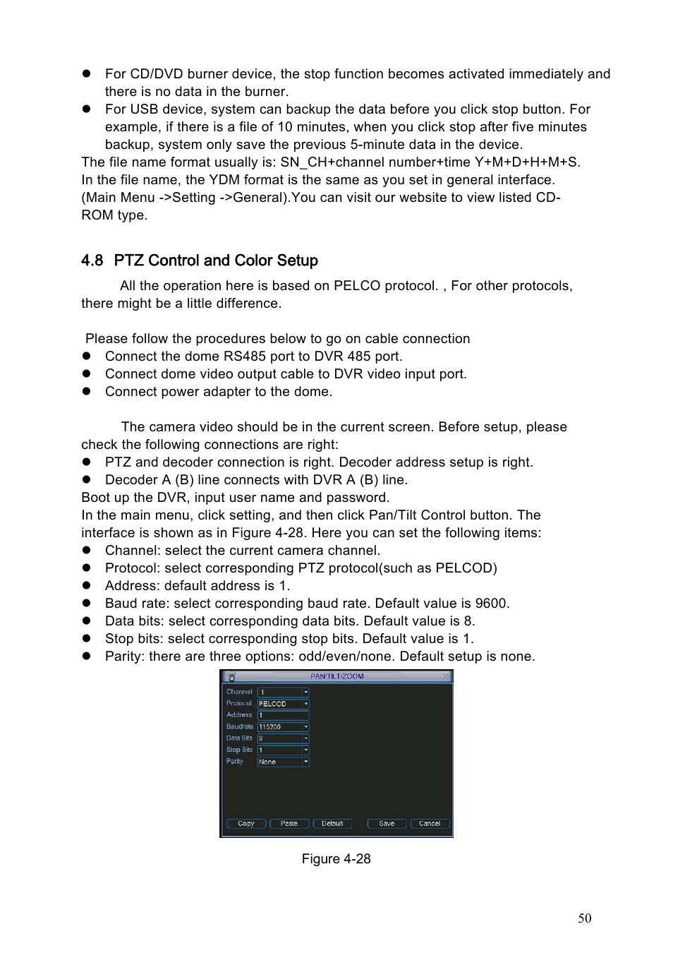 8 ptz control and color setup, 1 cable connection, 2 ptz setup | Ptz control and color setup | IC Realtime Specialty: 4-CH H.264E CUBE REAL-TIME DVR with BUILT-IN 5.6 LCD User Manual | Page 50 / 134