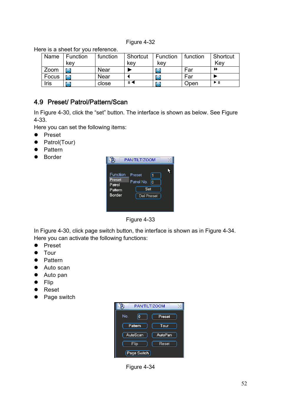 9 preset/ patrol/pattern/scan, Preset/ patrol/pattern/scan, Figure 4-34 | Figure 4-32 | IC Realtime Specialty: 4-CH H.264E CUBE REAL-TIME DVR with BUILT-IN 5.6 LCD User Manual | Page 52 / 134