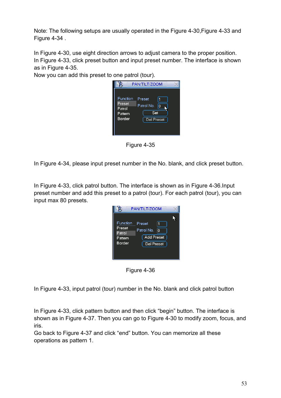 1preset setup, 2 activate preset, 3 patrol setup (tour setup) | 4 activate patrol (tour), 5 pattern setup | IC Realtime Specialty: 4-CH H.264E CUBE REAL-TIME DVR with BUILT-IN 5.6 LCD User Manual | Page 53 / 134