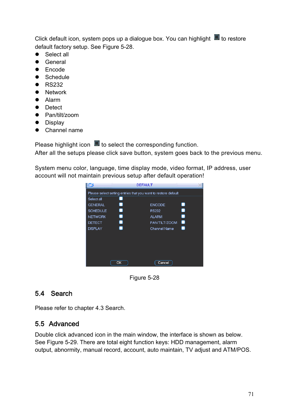 4 search, 5 advanced, Search | Advanced | IC Realtime Specialty: 4-CH H.264E CUBE REAL-TIME DVR with BUILT-IN 5.6 LCD User Manual | Page 71 / 134