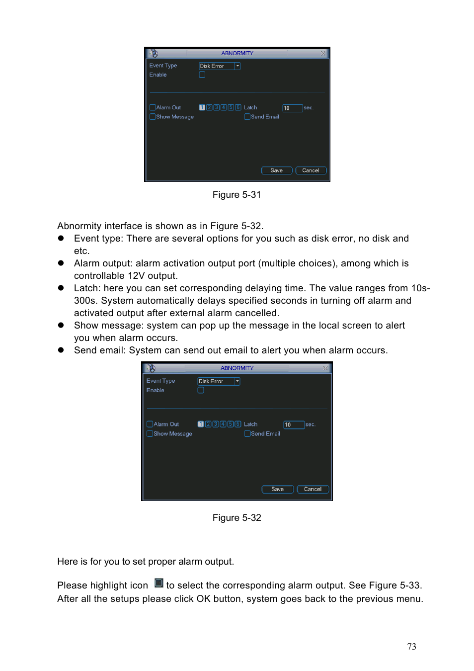 2 abnormity, 3 alarm output, Abnormity | Alarm output | IC Realtime Specialty: 4-CH H.264E CUBE REAL-TIME DVR with BUILT-IN 5.6 LCD User Manual | Page 73 / 134