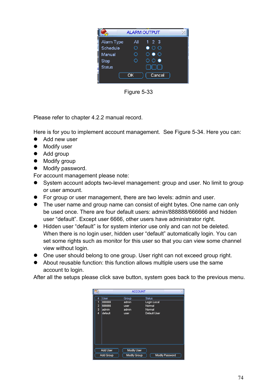 4 manual record, 5 account, Manual record | Account | IC Realtime Specialty: 4-CH H.264E CUBE REAL-TIME DVR with BUILT-IN 5.6 LCD User Manual | Page 74 / 134
