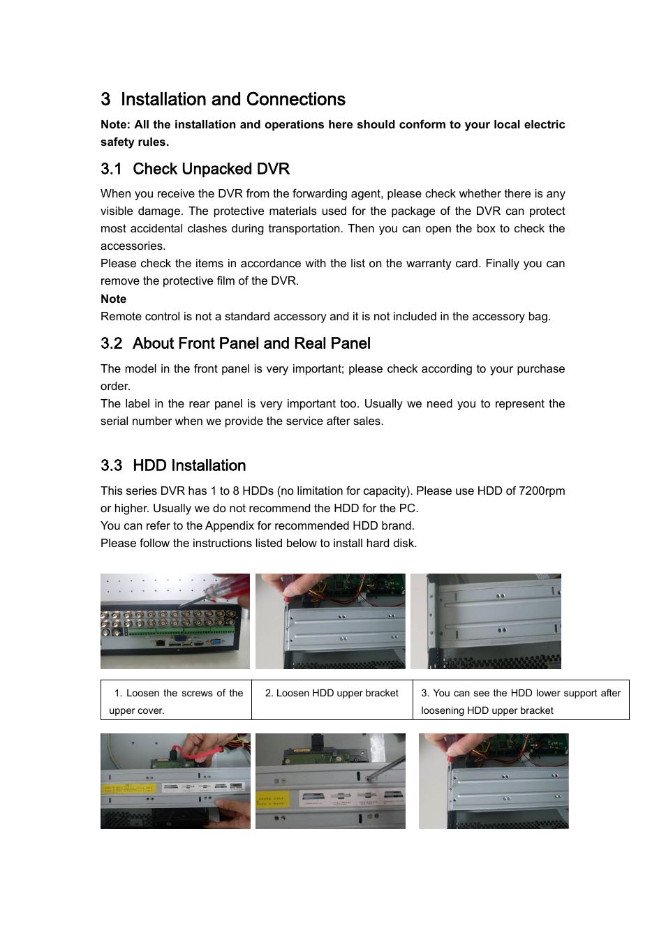 3 installation and connections, 1 check unpacked dvr, 2 about front panel and real panel | 3 hdd installation | IC Realtime H.264E Hybrid DVRs 4/8/16-CH Analog + 4/8/16-CH IP User Manual | Page 26 / 174