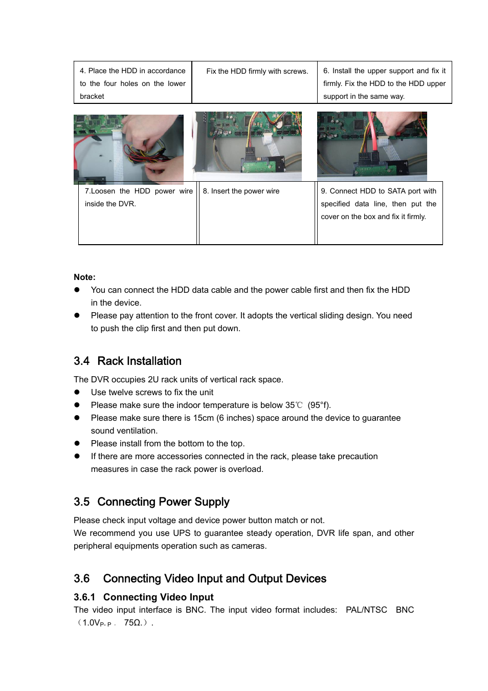 4 rack installation, 5 connecting power supply, 6 connecting video input and output devices | 1 connecting video input | IC Realtime H.264E Hybrid DVRs 4/8/16-CH Analog + 4/8/16-CH IP User Manual | Page 27 / 174