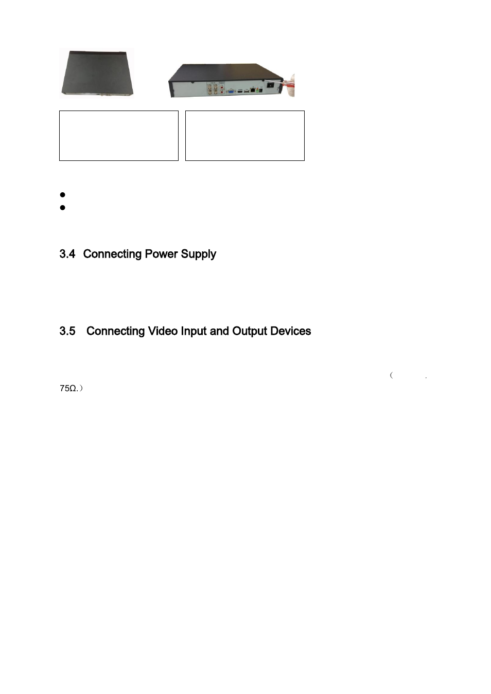 Connecting power supply, Connecting video input and output devices, Connecting video input | 4 connecting power supply, 5 connecting video input and output devices | IC Realtime 4/8 All Channel 720P Mini 1U HD-AVS DVR User Manual | Page 22 / 173