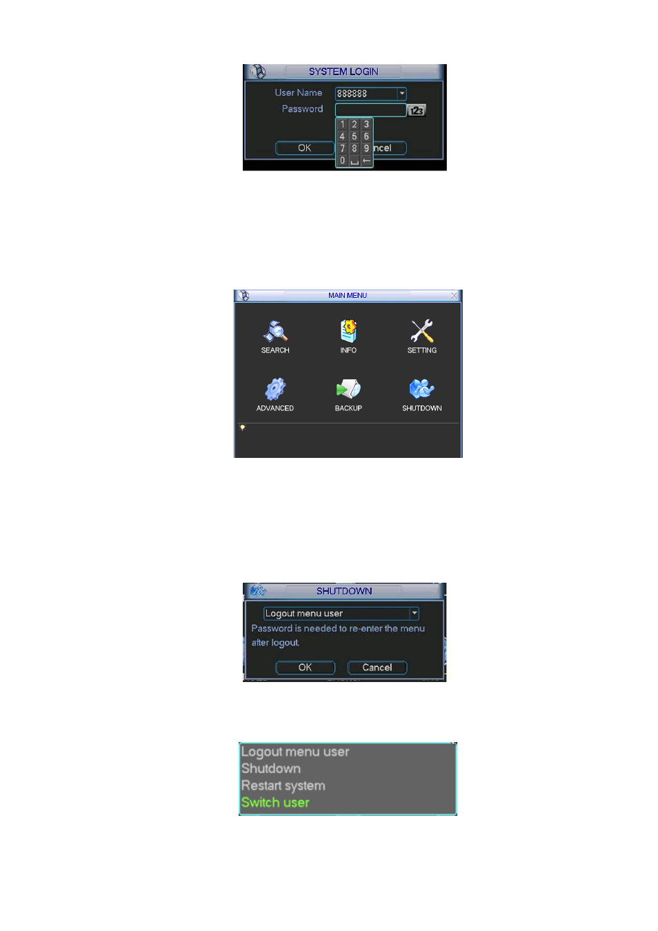 Main menu, Logout | IC Realtime 4/8 All Channel 720P Mini 1U HD-AVS DVR User Manual | Page 25 / 173