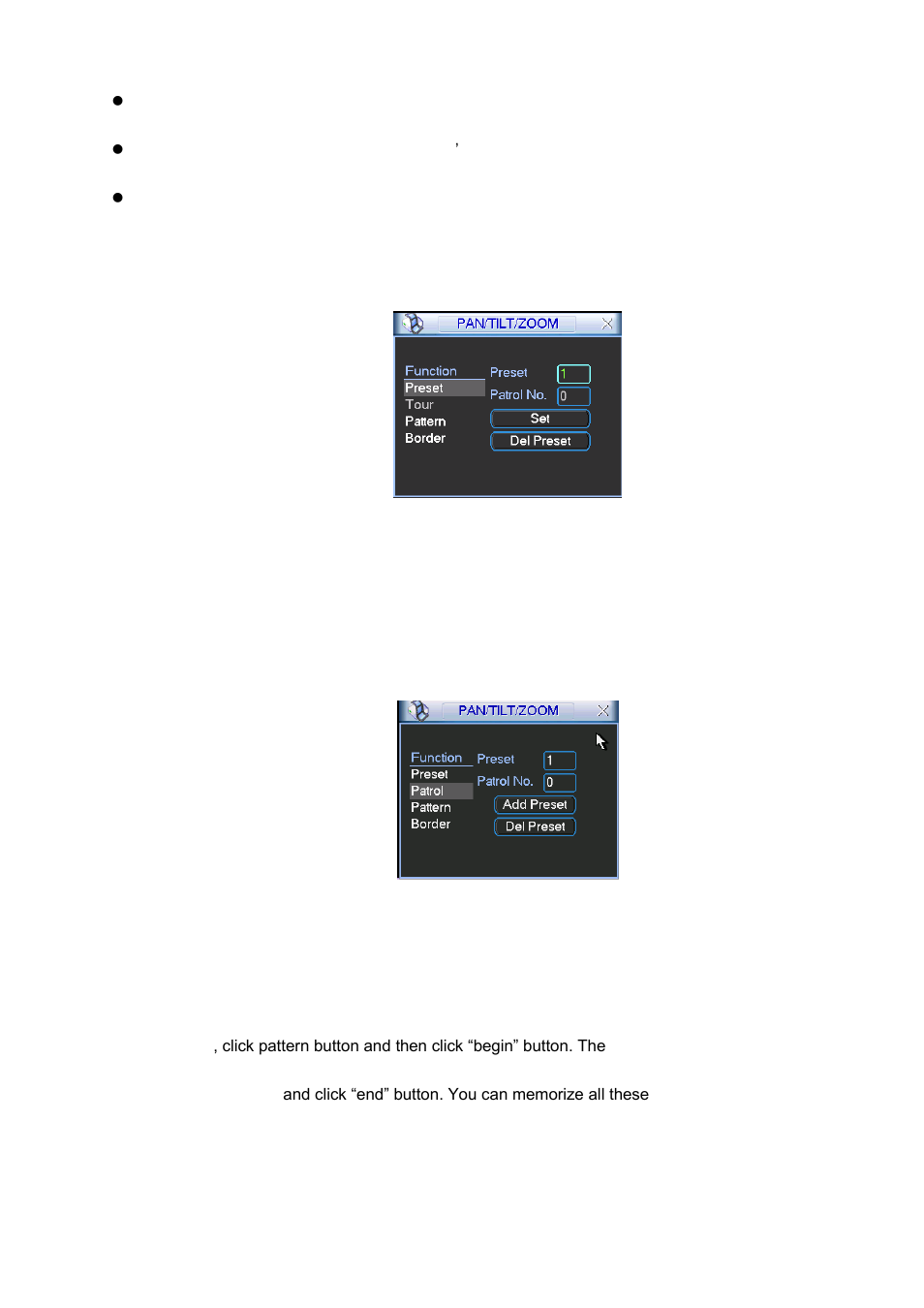 1preset setup, 2 activate preset, 3 patrol setup (tour setup) | 4 activate patrol (tour), 5 pattern setup | IC Realtime 4/8 All Channel 720P Mini 1U HD-AVS DVR User Manual | Page 50 / 173