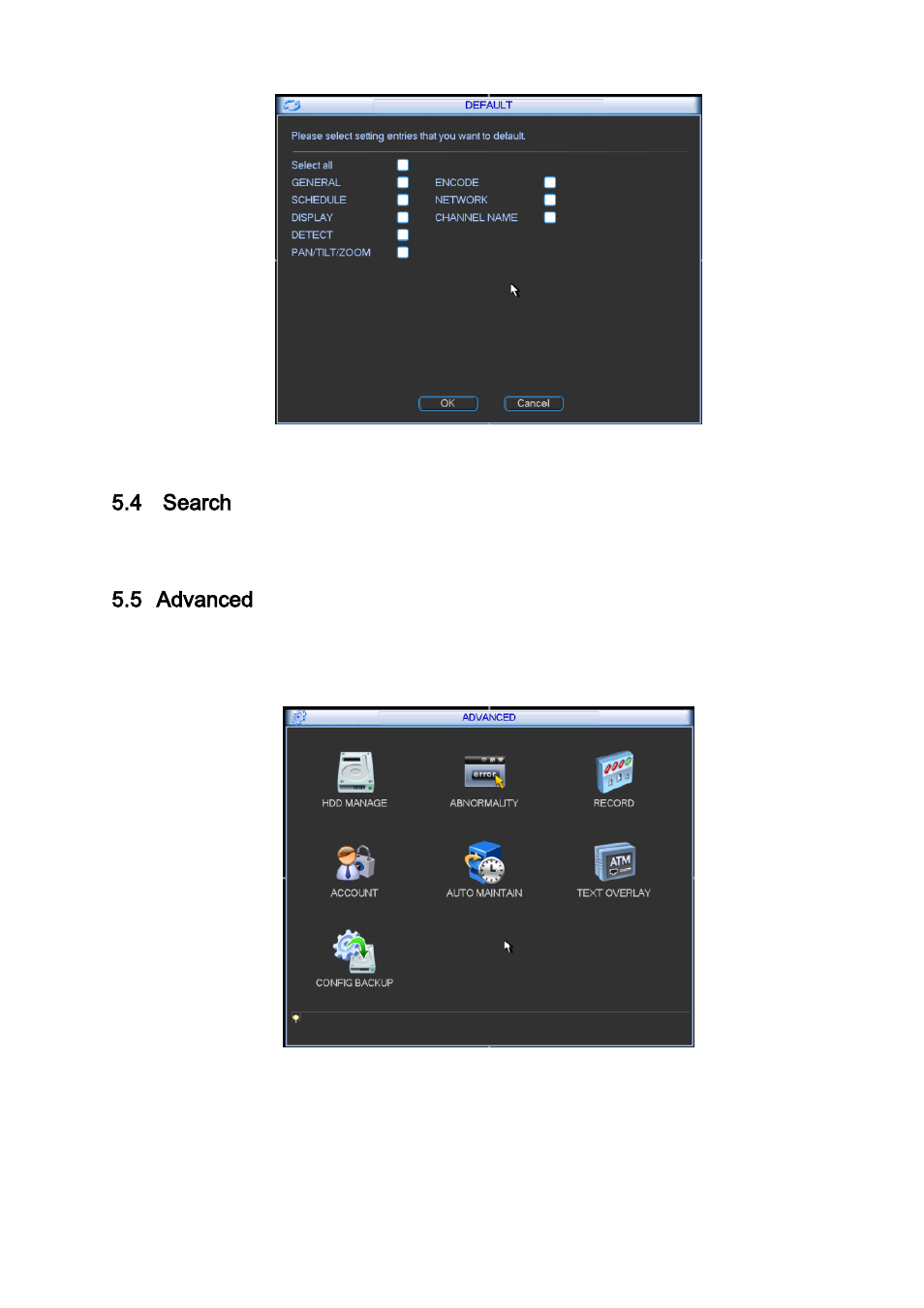 Search, Advanced, Hdd management | 4 search, 5 advanced | IC Realtime 4/8 All Channel 720P Mini 1U HD-AVS DVR User Manual | Page 81 / 173