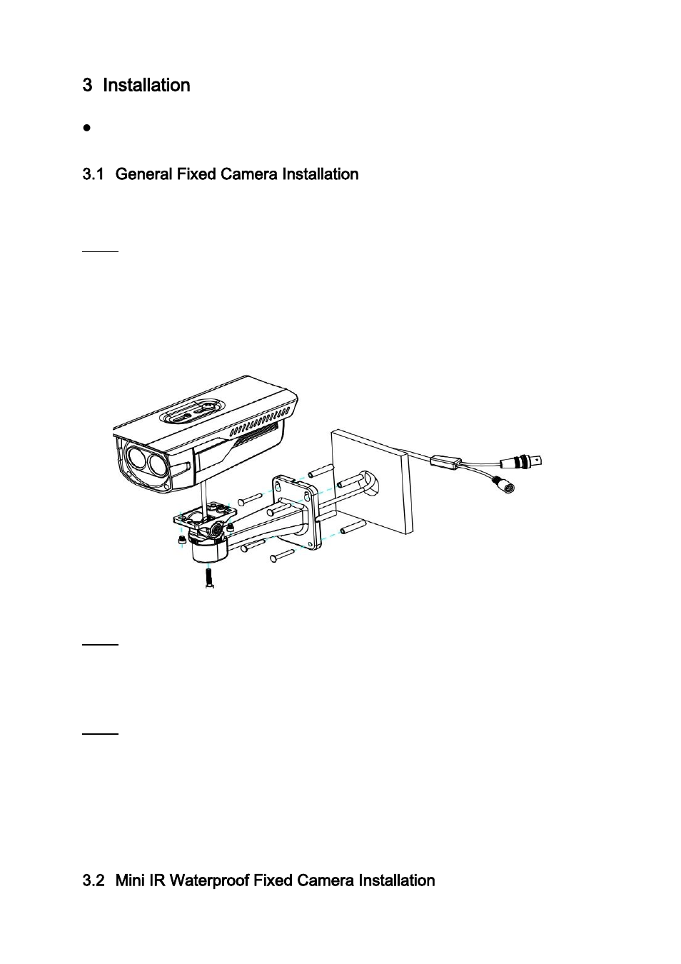 Installation, General fixed camera installation, Mini ir waterproof fixed camera installation | 3 installation, 1 general fixed camera installation, 2 mini ir waterproof fixed camera installation | IC Realtime 2 Megapixel 1080P Weather-proof IR HD-AVS Camera User Manual | Page 10 / 16