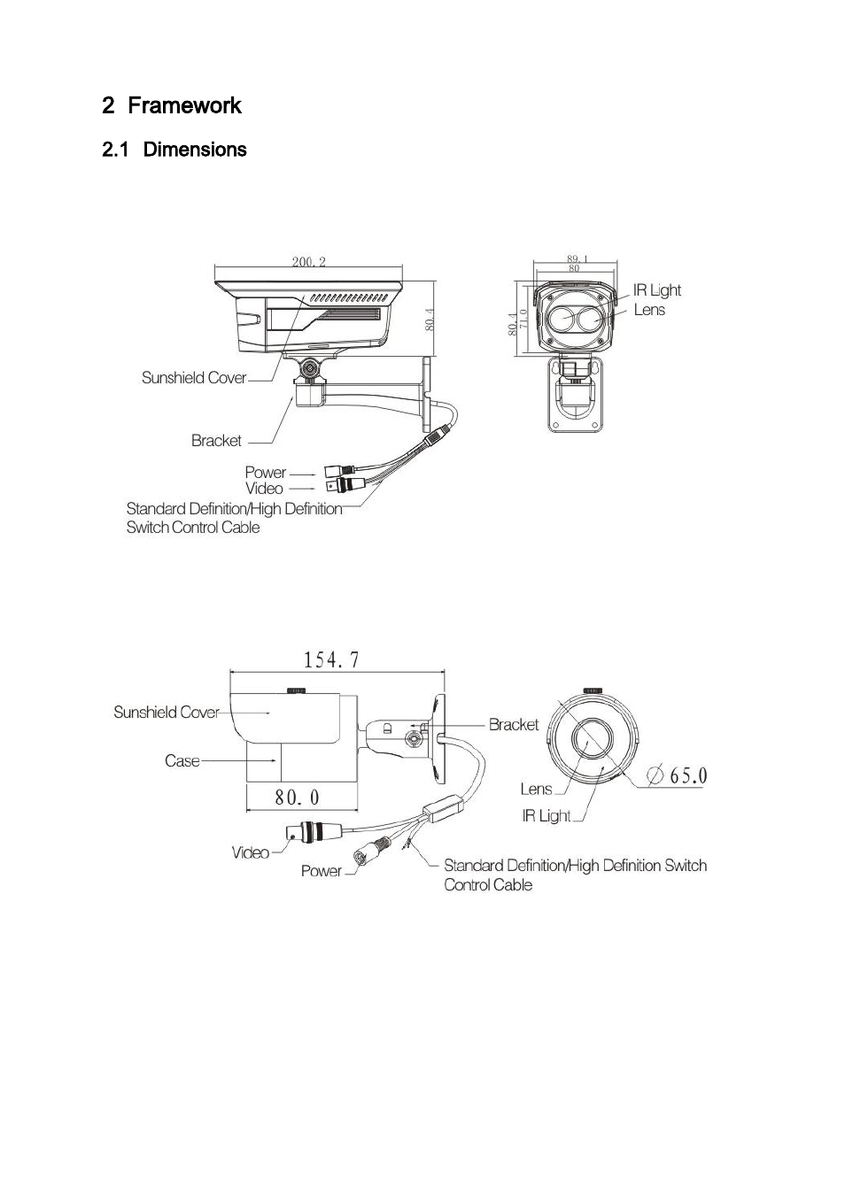 Framework, Dimensions, Avs-b2200 | Avs-b2210, 2 framework, 1 dimensions | IC Realtime 2 Megapixel 1080P Weather-proof IR HD-AVS Camera User Manual | Page 9 / 16