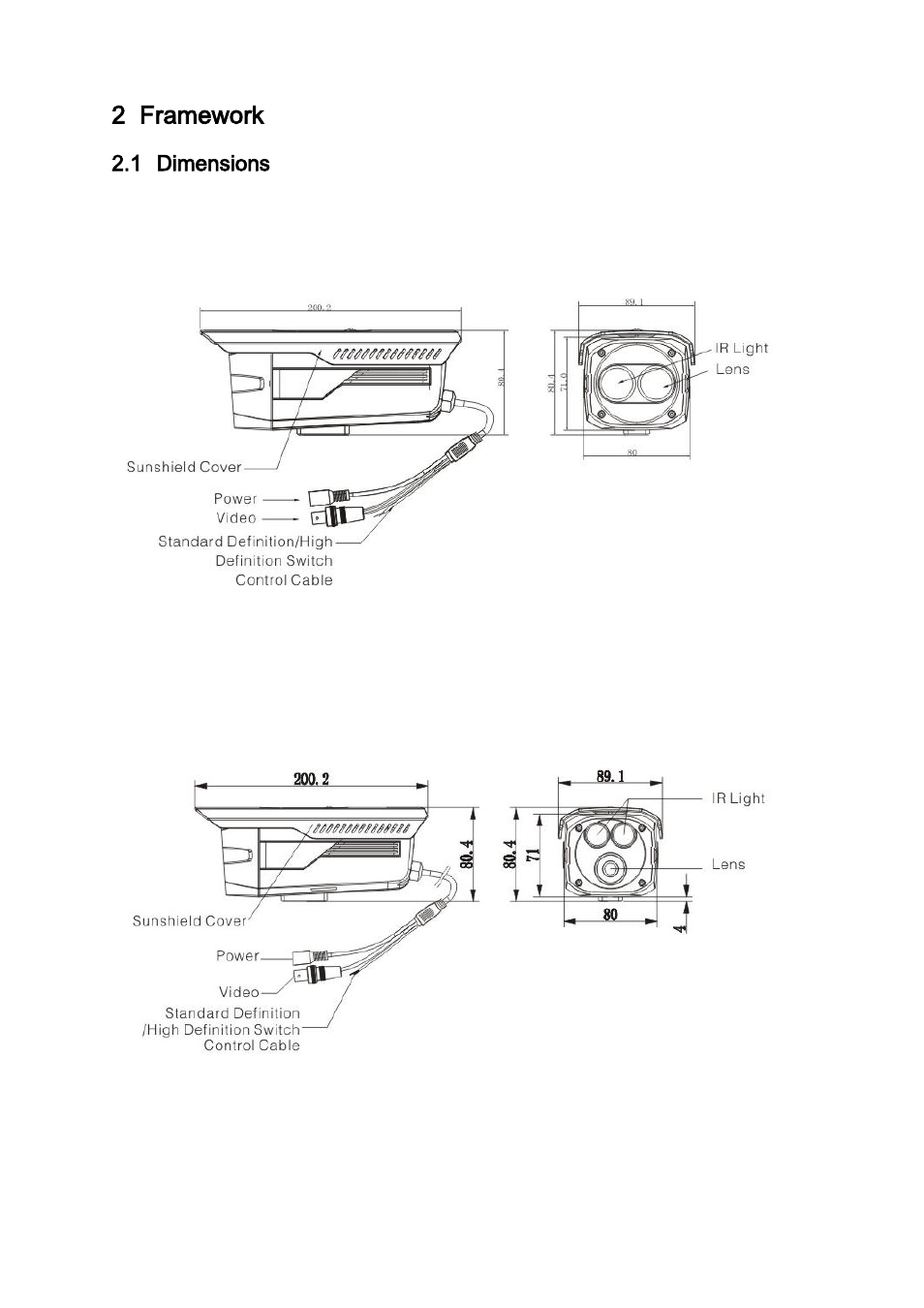 Framework, Dimensions, 1 avs-b2100 | 2 avs-b2102, 2 framework, 1 dimensions | IC Realtime 1.3 Megapixel 720P Weather-proof IR HD-AVS Camera User Manual | Page 8 / 12