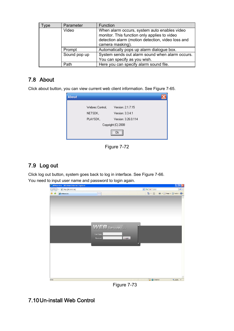 8 about, 9 log out, 10 un-install web control | IC Realtime 4/8 H.264E HD SDI High Definition DVR User Manual | Page 212 / 234