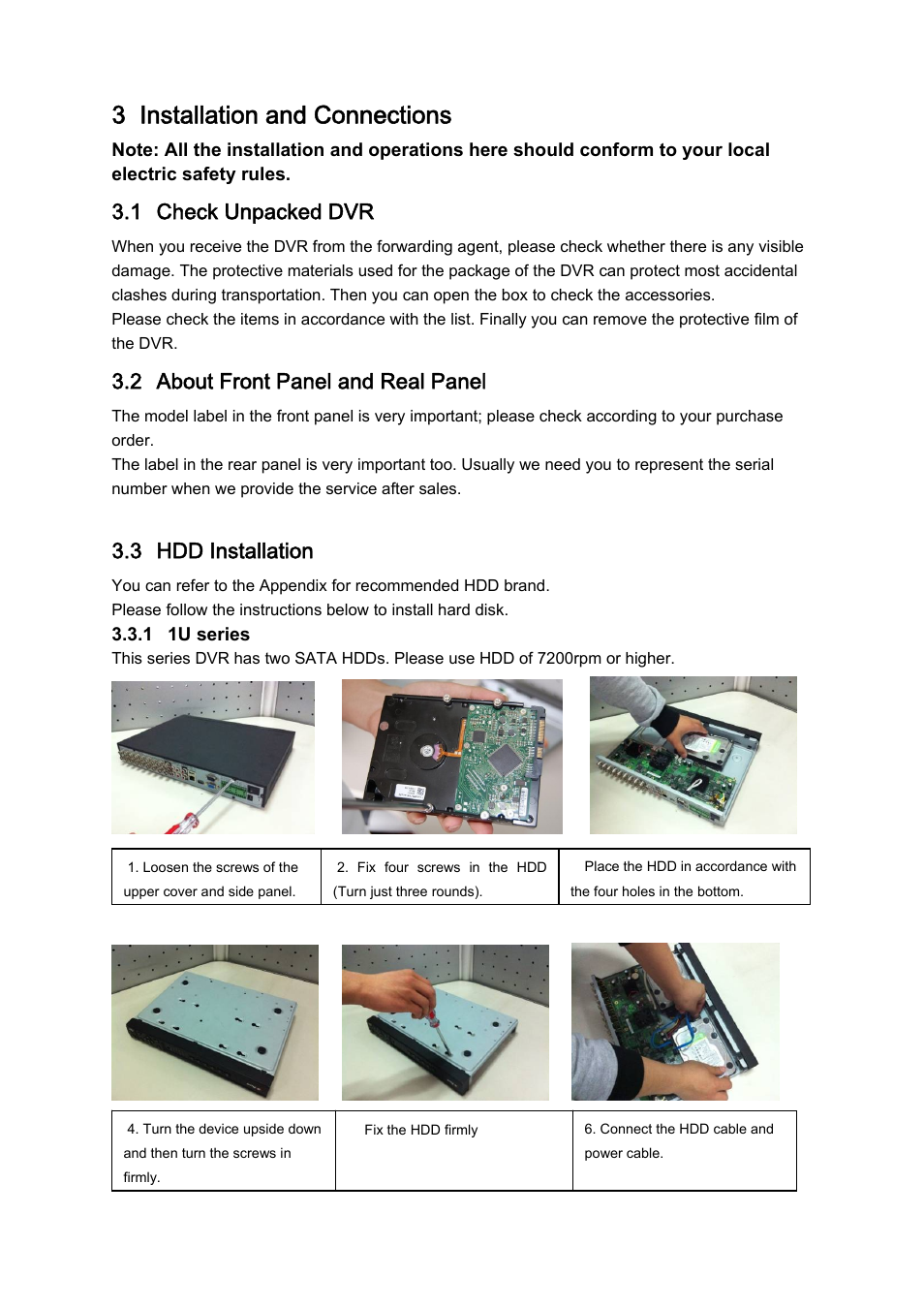 3 installation and connections, 1 check unpacked dvr, 2 about front panel and real panel | 3 hdd installation | IC Realtime 4/8 H.264E HD SDI High Definition DVR User Manual | Page 74 / 234