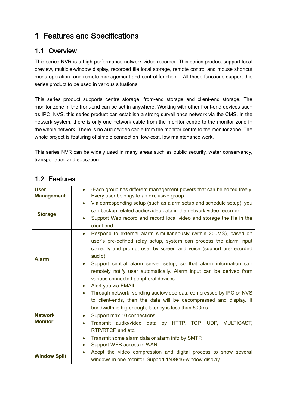 1 features and specifications, 1 overview, 2 features | IC Realtime 4/8/16/32 Channel 2U Network Video Recorder User Manual | Page 10 / 161