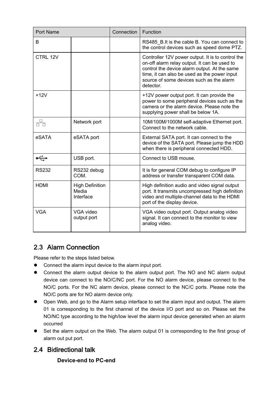 3 alarm connection, 4 bidirectional talk | IC Realtime 4/8/16/32 Channel 2U Network Video Recorder User Manual | Page 26 / 161