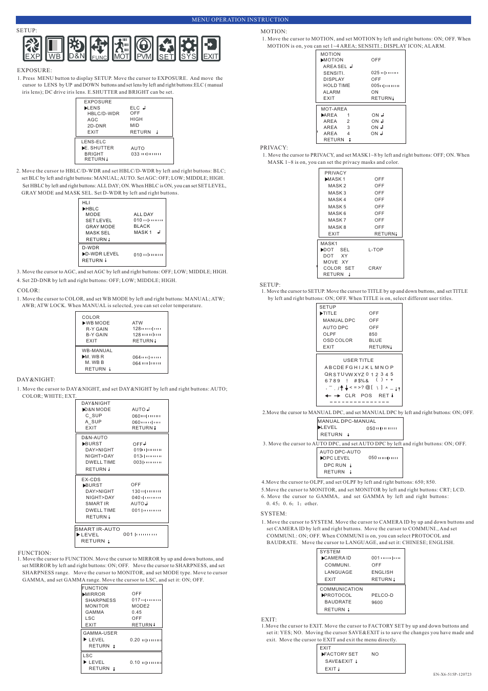 Exp wb d&n, Mot pvm set sys exit | IC Realtime High Resolution Bullet Camera (ICR300H3W) User Manual | Page 2 / 2