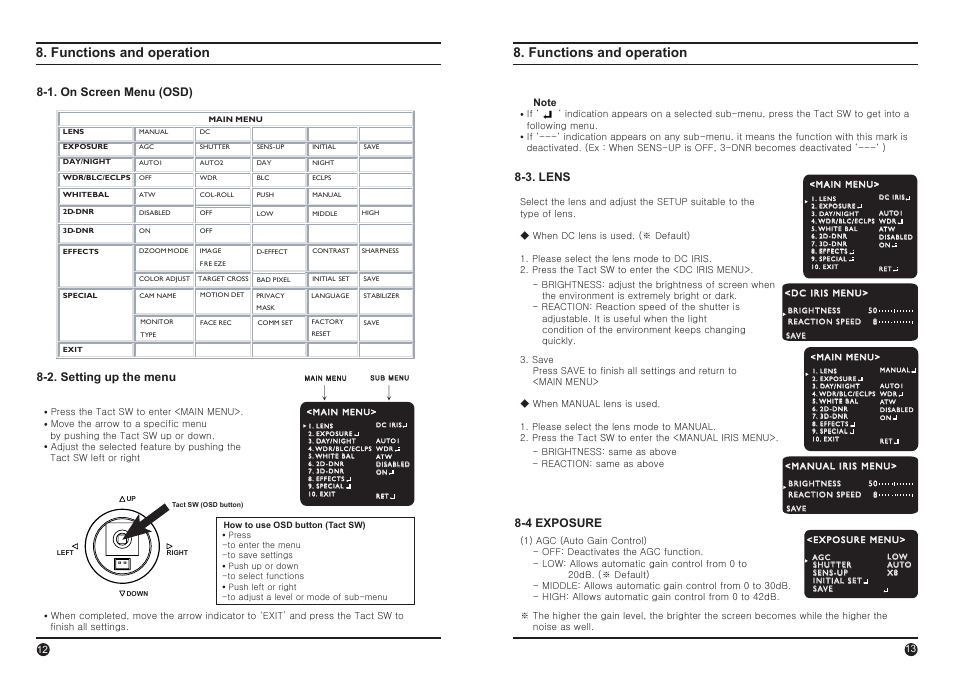 Functions and operation, 1. on screen menu (osd) 8-2. setting up the menu, 3. lens 8-4 exposure | IC Realtime 690HTVL I-Sniper PIXIM DPS WideLux IR Bullet Camera (EL2000) User Manual | Page 7 / 16