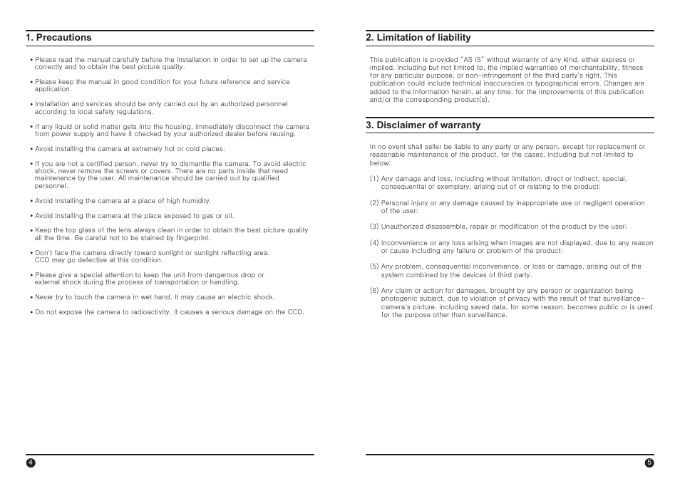 Precautions 2. limitation of liability, Disclaimer of warranty | IC Realtime 650TVL (Day) 700 TVL(Night) Long Range High Powered (EL-3000) User Manual | Page 3 / 11